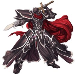  1boy alondite armor black_armor black_knight_(fire_emblem) cape commentary english_commentary fire_emblem fire_emblem:_path_of_radiance fire_emblem_heroes full_armor full_body gauntlets helmet holding holding_sword holding_weapon izuka_daisuke male_focus official_art pauldrons red_cape shoulder_armor solo sword transparent_background weapon 