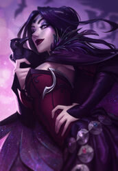  absurdres animal animal_on_shoulder arthurian_legend bird bird_on_shoulder breasts cape circlet commentary crow detached_sleeves english_commentary female from_below hand_on_own_hip highres jessica_oyhenart lipstick long_hair makeup mascara medium_breasts morgan_le_fay morrigan_(mythology) nose purple_eyes purple_hair revision solo underbust witch 