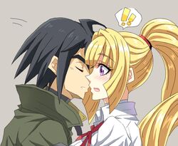  !? 1boy bad_id bad_pixiv_id black_hair blonde_hair blue_eyes blush closed_eyes female gundam gundam_tekketsu_no_orphans hinano kudelia_aina_bernstein mikazuki_augus ponytail short_hair 