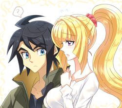  1boy ? bad_id bad_pixiv_id black_hair blonde_hair blue_eyes blush breasts female gundam gundam_tekketsu_no_orphans hinano kudelia_aina_bernstein long_hair mikazuki_augus ponytail purple_eyes short_hair smile 