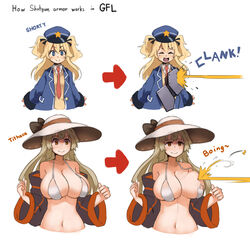  2girls :d absurdres arrow_(symbol) bare_shoulders bikini black_bow blocking blonde_hair blue_eyes blue_hat blue_jacket blush bow breasts character_name cleavage collared_shirt commentary convenient_breasts english_commentary english_text firing flat_chest girls&#039;_frontline hair_between_eyes hat hat_bow highres huge_breasts jacket kion-kun long_hair long_sleeves looking_at_viewer m37_(girls&#039;_frontline) m37_(summer_parader)_(girls&#039;_frontline) multiple_girls navel necktie official_alternate_costume open_clothes open_jacket open_mouth orange_eyes pun red_necktie ricocheting shield shield_module shirt simple_background smile sound_effects strap_break sun_hat super-shorty_(girls&#039;_frontline) swimsuit two_side_up v-shaped_eyebrows vest wardrobe_malfunction white_background white_bikini white_hat white_shirt wide_sleeves wing_collar 