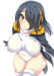  batten blush breasts closed_mouth commentary covered_navel covered_nipples emperor_penguin_(kemono_friends) female green_eyes grey_hair grey_jacket hair_over_one_eye headphones highleg highleg_leotard hip_focus hood hoodie jacket kemono_friends large_breasts leotard long_hair long_sleeves looking_at_viewer multicolored_hair one-piece_swimsuit open_clothes open_hoodie open_jacket red_hair shiny_skin simple_background smile solo standing swimsuit thighhighs turtleneck two-tone_hair white_background white_one-piece_swimsuit white_thighhighs 