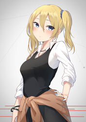  blonde_hair blue_eyes blue_nails blue_scrunchie blush bracelet breasts closed_mouth clothes_around_waist collared_shirt commentary_request cowboy_shot dress_shirt female hair_between_eyes hair_ornament hair_scrunchie hand_on_own_hip hayasaka_ai highres jewelry kaguya-sama_wa_kokurasetai_~tensai-tachi_no_renai_zunousen~ long_sleeves looking_at_viewer medium_breasts nail_polish necklace school_uniform scrunchie shirt shuuchiin_academy_school_uniform side_ponytail solo tittu white_shirt 