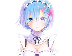  black_hairband black_ribbon blue_eyes blue_hair breasts choker cleavage commentary_request detached_sleeves female hair_ribbon hairband head_tilt head_wreath looking_at_viewer maid medium_breasts neck_ribbon parted_lips pink_ribbon re:zero_kara_hajimeru_isekai_seikatsu rem_(re:zero) ribbon ribbon-trimmed_sleeves ribbon_trim short_hair simple_background solo tears uonuma_yuu upper_body white_background 