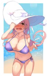  azur_lane beach bikini blue_bikini blush border breasts brown_eyes cleavage collarbone commentary_request day embarrassed female ganesagi hand_on_headwear hat hat_over_one_eye hat_tug highres huge_breasts long_hair looking_at_viewer navel nose_blush official_alternate_costume open_mouth outdoors outside_border pink_hair quincy_(azur_lane) quincy_(sizzling_summer_brisk_breeze)_(azur_lane) scrunchie side-tie_bikini_bottom solo sun_hat swimsuit white_border wrist_scrunchie 