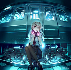  aqua_theme belt black_pantyhose black_skirt blonde_hair breast_pocket chair commentary_request earphones female fisheye hair_intakes headphones koumi_haruka legs_together loafers long_hair looking_away necktie official_art pantyhose pencil_skirt photoshop_(medium) pocket rail_wars! railroad_tracks red_eyes red_necktie reflection shirt shoes short_sleeves sitting sitting_on_object skirt solo train twitter_username uniform vania600 watch white_shirt wristwatch 