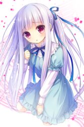  :o blue_dress blue_ribbon blunt_bangs blush clenched_hand commentary_request dress eighth_note female frilled_skirt frills gotou_jun hair_ribbon hand_up head_tilt kneeling layered_sleeves long_hair long_sleeves looking_at_viewer musical_note nametakenoko neck_ribbon one_side_up parted_lips purple_eyes purple_hair ribbon sheet_music shirt short_over_long_sleeves short_sleeves skirt solo tenshi_no_3p! very_long_hair white_background white_shirt 