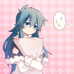  blouse blue_eyes blue_hair capelet checkered_background chinese_commentary closed_eyes colored_eyelashes commentary_request crying crying_with_eyes_open doremy_sweet female hugging_object ko_kita long_hair open_mouth pillow pillow_hug pom_pom_(clothes) shirt sidelocks solo spoken_sweatdrop sweatdrop tears touhou upper_body wavy_mouth white_shirt 