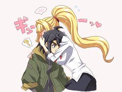  1boy ? bad_id bad_pixiv_id black_hair blonde_hair blue_eyes blush breasts female gundam gundam_tekketsu_no_orphans hinano hug kudelia_aina_bernstein large_breasts long_hair long_sleeves open_mouth ponytail purple_eyes short_hair 