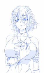  armlet bare_shoulders blue_theme breasts code_vein commentary english_commentary female hair_between_eyes hand_up highres huge_breasts io_(code_vein) jewelry looking_at_viewer monochrome necklace parted_lips photoshop_(medium) short_hair simple_background solo torn_clothes upper_body viperxtr white_background 