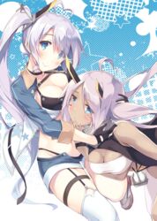  2girls azur_lane bandeau bare_shoulders bikini bikini_under_clothes black_bikini black_gloves blue_eyes blue_shorts blush breasts cleavage closed_mouth commentary_request dark-skinned_female dark_skin eyes_visible_through_hair facial_mark garter_straps gloves grey_hair groin heart heart-shaped_pupils indianapolis_(azur_lane) itoichi. long_hair medium_breasts multiple_girls open_fly partially_fingerless_gloves portland_(azur_lane) portland_(retrofit)_(azur_lane) purple_hair short_shorts shorts side_ponytail sleeves_past_elbows smile star_(symbol) star_print swimsuit symbol-shaped_pupils thigh_strap thighhighs white_thighhighs 