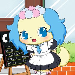  1:1 bird_dog blue_eyes blush canid canine canis cavalier_king_charles_spaniel clothing domestic_dog dress em_kei female g_clef hunting_dog jewelpet legwear maid_uniform mammal ribbons sanrio sapphie_(jewelpet) sega sega_fave solo spaniel text toy_dog translated uniform 