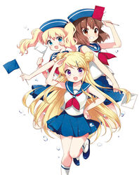  3girls :d alice_cartelet blonde_hair blue_eyes blue_flag blue_hat blue_sailor_collar blue_skirt brown_eyes brown_hair commentary_request double_bun flag grin hair_bun hair_ornament hairclip hand_on_own_hip hara_yui hat holding holding_flag inokuma_youko kin-iro_mosaic kin-iro_mosaic_middle_school_uniform kujou_karen long_hair looking_at_viewer miniskirt multiple_girls neckerchief open_mouth purple_eyes red_flag red_neckerchief sailor_collar sailor_hat salute school_uniform serafuku skirt sleeveless smile standing standing_on_one_leg twintails water_drop white_background white_flag x_hair_ornament 