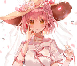  :o b_rock bad_id bad_pixiv_id blush commentary commission daisy english_commentary female fingernails flower hair_flower hair_ornament hand_up hat hat_flower highres looking_at_viewer neck_ribbon orange_eyes original parted_lips pink_flower pink_hair pink_rose pink_sailor_collar pink_shirt red_ribbon ribbon rose sailor_collar school_uniform serafuku shirt solo straw_hat upper_body water_drop white_flower 