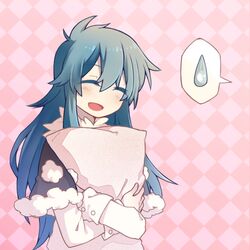  blouse blue_hair capelet check_commentary checkered_background chinese_commentary closed_eyes colored_eyelashes commentary_request doremy_sweet female hugging_object ko_kita long_hair open_mouth pillow pillow_hug pom_pom_(clothes) shirt sidelocks solo spoken_sweatdrop sweatdrop touhou upper_body white_shirt 