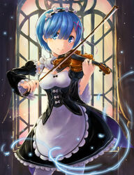  apron black_neckwear black_ribbon black_skirt blue_eyes blue_hair breasts choker cleavage commentary_request cowboy_shot detached_sleeves female flower frilled_skirt frills hair_between_eyes hair_flower hair_ornament head_wreath highres holding holding_instrument holding_violin instrument kuroa_(kuroan) looking_at_viewer maid medium_breasts music neck_ribbon photoshop_(medium) playing_instrument re:zero_kara_hajimeru_isekai_seikatsu rem_(re:zero) ribbon roswaal_mansion_maid_uniform short_hair skirt smile solo standing violin white_apron white_flower white_legwear 