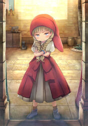  blonde_hair blue_eyes blue_footwear blush bow bracelet braid closed_mouth commentary_request crossed_arms dragon_quest dragon_quest_xi dress feline female hair_over_shoulder hat head_tilt indoors jewelry long_hair looking_at_viewer photoshop_(medium) pot puffy_short_sleeves puffy_sleeves red_hat short_sleeves solo standing twin_braids v-shaped_eyebrows veronica_(dq11) waist_bow yoshimura_(yoshimura4shi) 