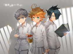  2boys absurdres ahoge arm_at_side basket black_eyes black_hair blue_eyes blush book bunnyking618 commentary_request crossed_arms emma_(yakusoku_no_neverland) female food fruit grey_hair hair_over_one_eye highres holding holding_book looking_at_viewer multiple_boys neck_tattoo norman_(yakusoku_no_neverland) number_tattoo orange_hair photoshop_(medium) ray_(yakusoku_no_neverland) shadow shirt short_hair skirt smile sparkle standing strawberry tattoo white_shirt white_skirt yakusoku_no_neverland 