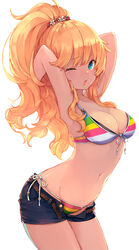  ;o absurdres armpits arms_behind_head arms_up bare_shoulders belt bikini bikini_under_clothes blonde_hair blue_eyes breasts chobi_(sakuyasakuhana) cleavage collarbone commentary_request contrapposto cowboy_shot denim denim_shorts female front-tie_bikini_top front-tie_top hair_ornament hands_in_hair high_ponytail highres hip_focus idolmaster idolmaster_cinderella_girls legs_together long_hair looking_at_viewer medium_breasts multicolored_bikini multicolored_clothes navel o-ring ohtsuki_yui one_eye_closed open_belt open_fly open_mouth ponytail rainbow_bikini short_shorts shorts side-tie_bikini_bottom simple_background solo standing striped_bikini striped_clothes swept_bangs swimsuit thighs wavy_hair white_background 