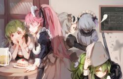  6+girls ahoge alcohol alternate_costume alternate_hairstyle apron beer beer_mug blush bow breasts bucket bucket_on_head cake chalkboard cleavage closed_mouth commentary contender_(flowerful_maid)_(girls&#039;_frontline) contender_(girls&#039;_frontline) covering_own_mouth cup dress food frills g28_(beer_ranch)_(girls&#039;_frontline) g28_(girls&#039;_frontline) g36_(girls&#039;_frontline) gepard_m1_(contracted_today)_(girls&#039;_frontline) gepard_m1_(girls&#039;_frontline) girls&#039;_frontline gloves green_hair grey_hair hair_between_eyes hair_ornament hairbow holding holding_towel imoko_(imonatsuki) large_breasts leaning_forward long_hair looking_at_viewer looking_back m950a_(girls&#039;_frontline) m950a_(home_ec_training)_(girls&#039;_frontline) maid maid_headdress medium_breasts messy_hair mole mole_on_breast mop mug multicolored_hair multiple_girls ntw-20_(girls&#039;_frontline) ntw-20_(the_aristocrat_experience)_(girls&#039;_frontline) object_on_head official_alternate_costume one_eye_closed one_side_up orange_eyes pale_skin parted_lips pink_eyes pink_hair plate ponytail pov purple_hair shadow short_hair sidelocks skirt streaked_hair sweatdrop table tearing_up towel twintails two_side_up very_long_hair yellow_eyes 