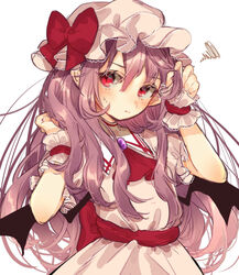  adjusting_hair alternate_hair_length alternate_hairstyle arms_up ascot back_bow bat_wings black_wings blush bow commentary_request dress female gem hair_between_eyes hat highres long_hair looking_at_viewer mob_cap purple_gemstone purple_hair red_ascot red_bow red_eyes remilia_scarlet sash short_sleeves simple_background solo sweat touhou upper_body very_long_hair white_background white_dress white_hat wings wrist_cuffs youtan 