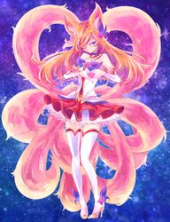  ahri alternate_costume alternate_eye_color alternate_hair_color alternate_hairstyle animal_ears blonde_hair breasts female fox_ears fox_girl fox_tail full_body hair_ornament high_heel_boots league_of_legends long_hair magical_girl nail_polish peach_hair purple_eyes skirt solo star_guardian_ahri thigh_boots wink 