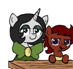  clothing duo ear_piercing earth_pony equid equine fan_character female feral ficficponyfic furniture hasbro horn horse joyride_(colt_quest) mammal my_little_pony mythological_creature mythological_equine mythology piercing pony ribbons ruby_rouge_(colt_quest) simple_background table unicorn white_background young 