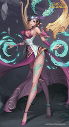  absurdres anklet armor bare_shoulders breasts brown_eyes brown_hair circlet commentary_request detached_sleeves dress energy_ball eyelashes facial_mark female fingernails forehead_jewel hair_tubes halterneck hayanpool high_heels highres jewelry karma_(league_of_legends) large_breasts league_of_legends legs lips long_fingernails long_legs looking_at_viewer magic nail_polish parted_lips pelvic_curtain photoshop_(medium) pink_lips purple_dress purple_nails short_hair sidelocks solo tiara unaligned_breasts 