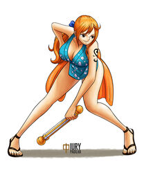  bare_shoulders breasts curvy fatal_fury female hand_on_hip hanging_breasts holding holding_weapon iury_padilha japanese_clothes kimono kunoichi large_breasts leaning_forward legs long_hair nami_(one_piece) no_bra one_piece orange_hair ponytail reference smile solo tattoo the_king_of_fighters thick_thighs thighs tied_hair weapon wide_hips 