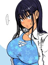  black_hair blue_one-piece_swimsuit blush breasts commentary_request competition_swimsuit female large_breasts long_hair looking_at_viewer one-piece_swimsuit original solo swimsuit tan wet youshu_ohepe 