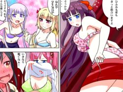  5girls blue_eyes blush bra breasts commentary_request full-face_blush iijima_yun karuta_(karuta01) large_breasts mochizuki_momiji multiple_girls narumi_tsubame new_game! panties suzukaze_aoba takimoto_hifumi translation_request underwear yuri 