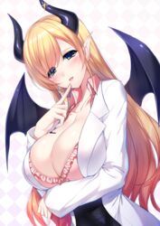  argyle_background arm_under_breasts black_horns black_skirt blonde_hair blush breast_tattoo breasts center_opening cleavage collarbone commentary_request demon_girl demon_horns demon_wings female finger_to_mouth frilled_shirt frills gradient_hair green_eyes hair_ornament hololive horn_ornament horn_ring horns lab_coat large_breasts long_hair long_sleeves looking_at_viewer minamon_(vittel221) multicolored_hair open_mouth orange_hair pink_shirt pointy_ears shirt single_sidelock skirt smile solo swept_bangs tattoo very_long_hair virtual_youtuber winged_heart wings x_hair_ornament yuzuki_choco yuzuki_choco_(1st_costume) 