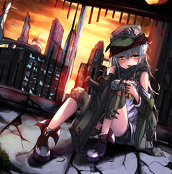  assault_rifle black_shorts blue_hair blush broken_glass candy chocolate chocolate_bar closed_mouth cloud commentary_request dutch_angle eating female flat_cap food full_body g11_(girls&#039;_frontline) girls&#039;_frontline glass green_hat green_jacket gun h&amp;k_g11 hair_between_eyes hat head_tilt holding holding_food indoors jacket knee_pads korean_commentary long_hair looking_at_viewer off_shoulder photoshop_(medium) rifle roon_(ddeer2010) scarf shirt shoes shorts sitting sky solo sunset untied_footwear very_long_hair weapon white_shirt yellow_eyes 