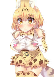  animal_ears animal_print bare_shoulders batten belt blonde_hair blush bow bowtie breasts censored closed_mouth commentary cross-laced_clothes elbow_gloves female gloves hair_between_eyes hands_on_own_chest heart heart_censor high-waist_skirt highres kemono_friends large_breasts looking_at_viewer print_bow print_skirt print_thighhighs serval_(kemono_friends) serval_print shiny_skin shirt short_hair simple_background skirt sleeveless sleeveless_shirt smile solo standing tail taut_clothes taut_shirt thighhighs white_background white_shirt yellow_eyes yellow_skirt 