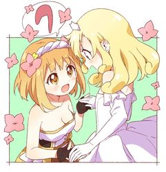  2girls :d bare_shoulders blonde_hair blush breasts cleavage collarbone commentary_request dress elbow_gloves endro! episode_number fai_fai flower frills from_side gloves hair_flower hair_ornament hairband holding_hands large_breasts long_hair multiple_girls namori official_art open_mouth orange_hair princess profile rona_pricipa_o_rabanesta short_hair smile strapless strapless_dress white_dress white_gloves 