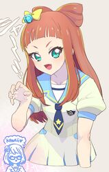  2girls aikatsu!_(series) aikatsu_stars! bell bow claw_pose commentary_request cone_hair_bun fangs green_eyes hair_bun hairbow jingle_bell moudoku_(decopon3rd) multiple_girls nanakura_koharu orange_hair saotome_ako school_uniform yotsuboshi_academy_school_uniform 