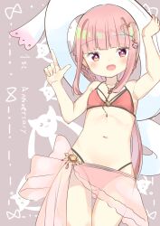  armpits arms_up bikini bobujirou braid breasts female hair_ornament hand_on_headwear hat highres index_finger_raised jewelry kyuubee long_hair looking_at_viewer magia_record:_mahou_shoujo_madoka_magica_gaiden mahou_shoujo_madoka_magica navel necklace open_mouth pink_bikini pink_eyes pink_hair pink_sarong ponytail sarong small_breasts smile stomach sun_hat swimsuit tamaki_iroha thigh_gap thighs white_hat 