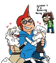  alpaca anthro blush bodily_fluids bovid camelid caprine clothed clothing crying disappointed eyewear female fully_clothed groose group group_hug hair heart_symbol hug hugging_another human male male/female mammal mythi red_hair sheep size_difference smile standing sunglasses tears trio vinesauce vinny_(vinesauce) 