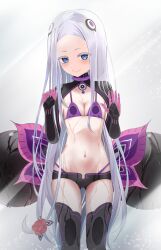  bikini black_thighhighs blue_eyes breasts capella_emerada_lugnica capella_emerada_lugnica_(cosplay) commentary_request cosplay hair_ornament highres kuro_okami long_hair looking_at_viewer navel pandora_(re:zero) purple_bikini re:zero_kara_hajimeru_isekai_seikatsu small_breasts smile swimsuit thighhighs white_hair 