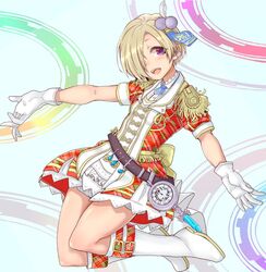  :d across_the_stars_(idolmaster) alternate_eye_color belt blonde_hair blush boots breasts clock commentary_request dress earrings epaulettes eyes_visible_through_hair female flower gloves hair_flower hair_ornament hair_over_one_eye idolmaster idolmaster_cinderella_girls idolmaster_cinderella_girls_starlight_stage jewelry kokechan lace lace-trimmed_dress lace_trim looking_to_the_side open_mouth plaid plaid_dress purple_eyes shirasaka_koume short_hair short_sleeves small_breasts smile solo white_footwear white_gloves 