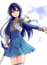  armor birthday blue_hair brown_eyes commentary_request cosplay female hairband highres long_hair long_sleeves looking_at_viewer love_live! love_live!_school_idol_project magic_knight_rayearth miniskirt name_connection photoshop_(medium) ryuuzaki_umi ryuuzaki_umi_(cosplay) school_uniform sidelocks skirt solo sonoda_umi sword urutsu_sahari weapon 