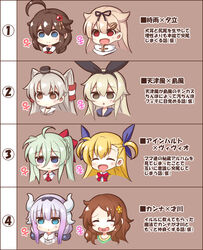  6+girls ahoge amatsukaze_(kancolle) androgyne_symbol aqua_hair bad_id bad_pixiv_id beads blonde_hair blue_eyes braid brown_eyes brown_hair closed_eyes commentary_request crossover dragon_horns einhard_stratos empty_eyes flower hair_beads hair_flaps hair_flower hair_ornament hair_tubes hairband hat heart heart_in_mouth heterochromia horns kanna_kamui kantai_collection kobayashi-san_chi_no_maidragon light_purple_hair lyrical_nanoha mahou_shoujo_lyrical_nanoha_vivid multiple_crossover multiple_girls musouzuki oerba_yun_fang open_mouth partial_commentary pink_hair ponytail red_eyes remodel_(kantai_collection) ribbon saikawa_riko shigure_(kancolle) shimakaze_(kancolle) smile translation_request twintails two_side_up venus_symbol vivio yuudachi_(kancolle) 