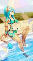  2015 anthro bikini biped blue_hair breasts clothing dafka eyewear felid female hair hi_res lion looking_at_viewer mammal navel outside pantherine sina_nashiri sitting smile solo sunglasses swimwear tail 