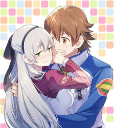  1boy ao_no_kiseki arms_around_back blush breasts brown_eyes brown_hair commentary_request couple covering_another&#039;s_mouth eiyuu_densetsu elie_macdowell embarrassed female green_eyes grey_hair hairband hand_over_another&#039;s_mouth jacket lloyd_bannings long_hair long_sleeves medium_breasts patterned_background rejected_kiss shirt short_hair straight tekutonbo upper_body zero_no_kiseki 