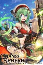  :d bare_shoulders blue_eyes blue_sky breasts commentary_request copyright_name day detached_sleeves female fingerless_gloves gloves grand_sphere green_hair hair_between_eyes hat highres holding holding_weapon long_hair looking_at_viewer medium_breasts midriff navel official_art open_mouth outdoors samuraig sidelocks sky smile thighhighs watermark weapon white_hat 