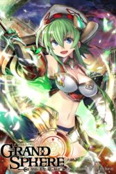  :d blue_eyes breasts commentary_request copyright_name female fingerless_gloves gloves grand_sphere green_hair hair_between_eyes hat highres holding holding_weapon long_hair looking_at_viewer medium_breasts midriff navel official_art open_mouth outdoors samuraig sidelocks smile standing thighhighs watermark weapon white_hat 