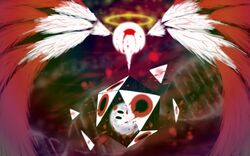  abstract blood blood_from_eyes commentary dna double_helix empty_eyes expressionless extra_eyes halo icosahedron kirby_(series) messy miracle_matter nakagawa_rui no_humans no_pupils one-eyed red_eyes spoilers spread_wings tail twitter_username void_soul void_termina watermark wings zero_two_(kirby) 