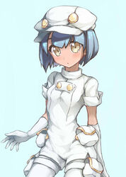  aether_foundation_employee bad_id bad_pixiv_id black_hair blue_background blush breasts cowboy_shot dark-skinned_female dark_skin elbow_gloves female gloves hair_between_eyes hat leotard looking_at_viewer magari_(liarsheeper) pantyhose pokemon pokemon_sm short_hair short_sleeves small_breasts solo thigh_strap white_gloves white_hat white_pantyhose yellow_eyes 