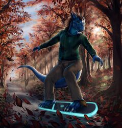  3_toes 5_fingers aaros action_pose amazing_background anthro barefoot biped blue_body blue_scales bottomwear brown_hair claws clothed clothing day detailed detailed_background dragon feet fingers forest green_eyes hair hi_res horn hoverboard male mythological_creature mythological_scalie mythology outside pants plant plantigrade pose scales scalie smile smooth_horn solo standing sweater tail toes topwear tree xanderg 