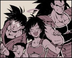  2boys :d ^_^ armor bad_id bad_twitter_id bare_arms bare_shoulders black_border black_hair border breasts brothers closed_eyes dougi dragon_ball dragon_ball_minus dragon_ball_super dragon_ball_super_broly dragon_ball_z female fingernails frown gine halo happy height_difference komebeimai locked_arms long_hair looking_away medium_breasts monochrome mother_and_son multiple_boys muscular nervous open_mouth raditz saiyan_armor short_hair siblings simple_background smile son_goku spiked_hair surprised sweatdrop upper_body wide-eyed wristband 